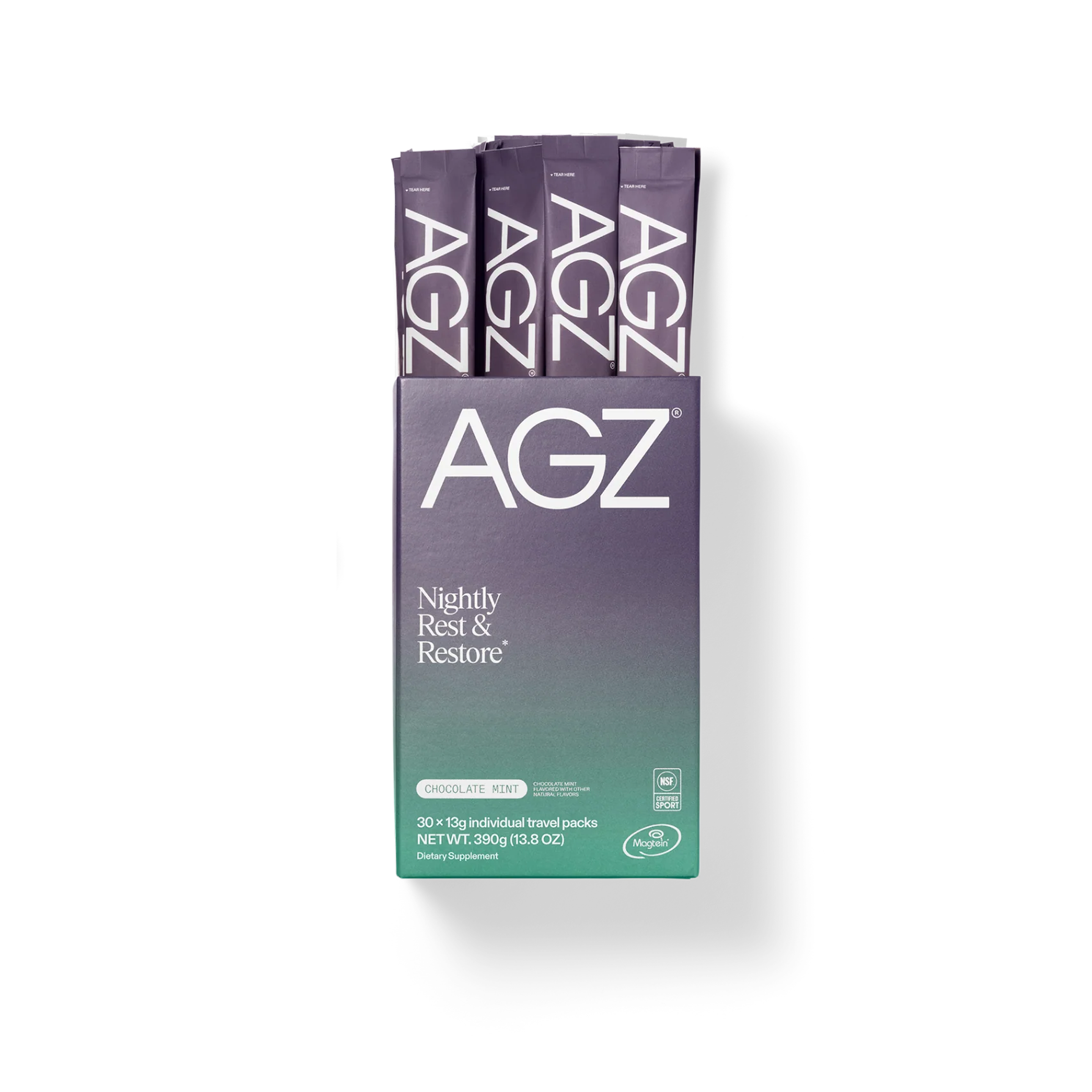 AGZ Nightly Rest and Restore supplement travel packs in Chocolate Mint flavour showing 30 individual 13g sachets NSF Certified for Sport