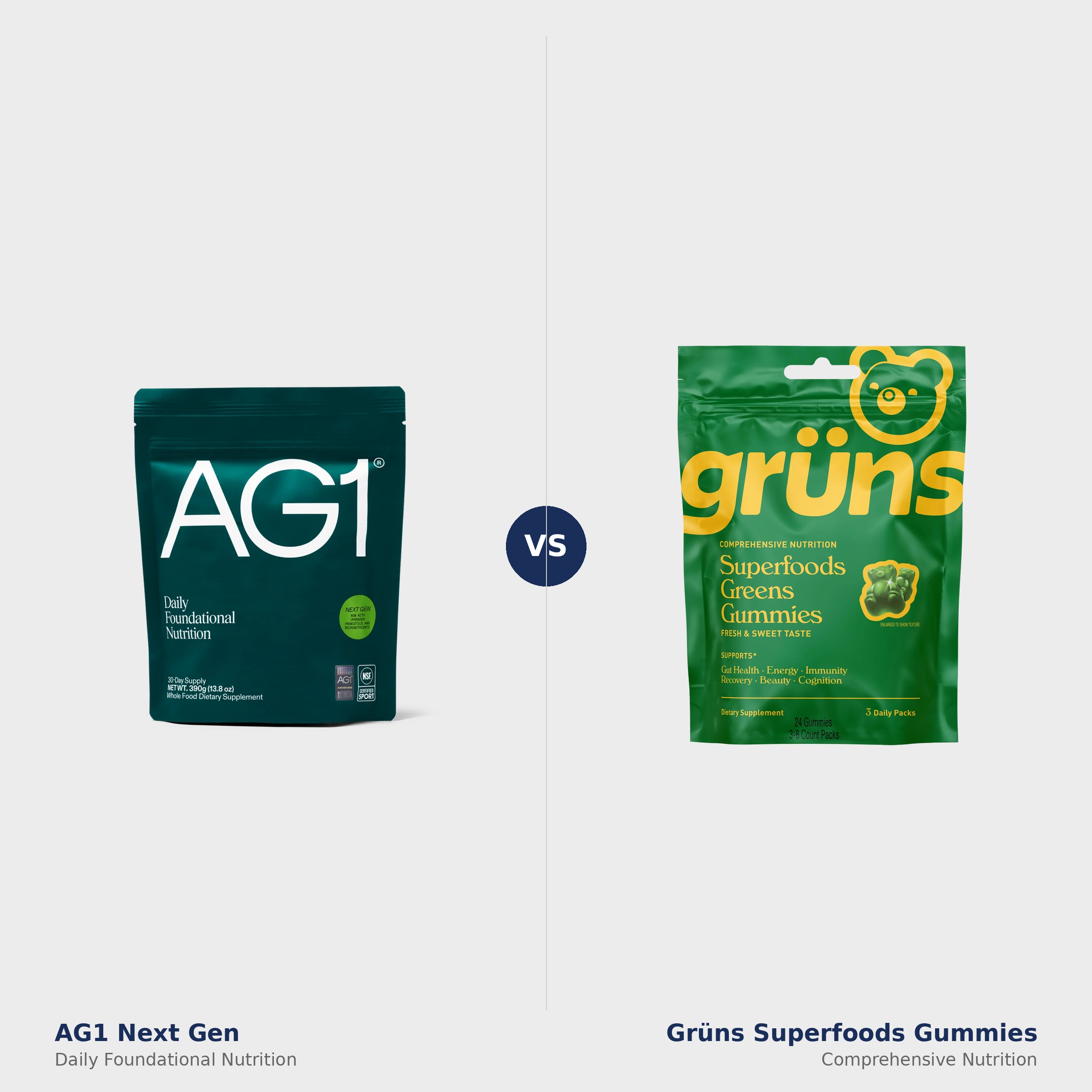 AG1 Next Gen Daily Foundational Nutrition pouch versus Grüns Superfoods Greens Gummies side by side product comparison 2026
