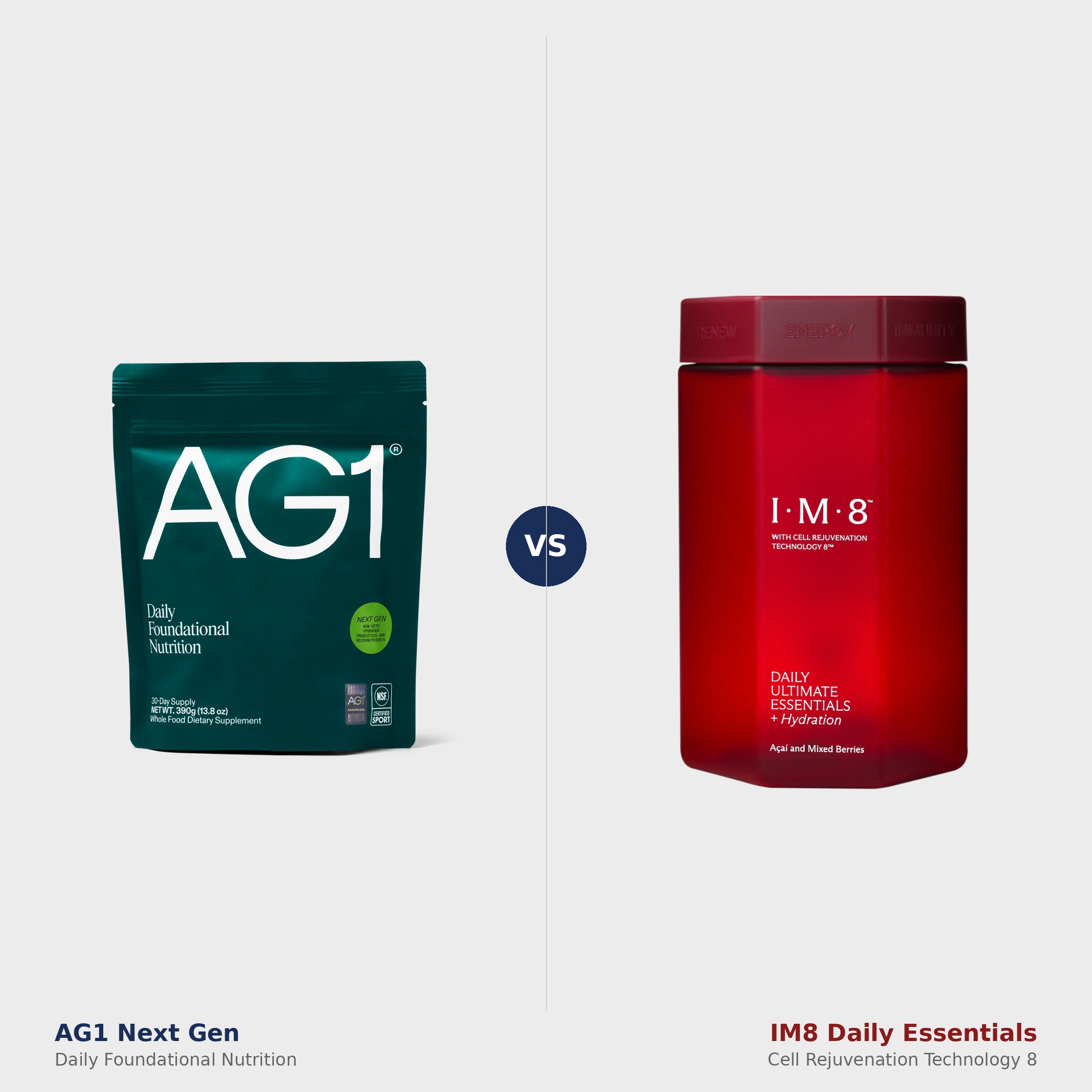 AG1 Next Gen Daily Foundational Nutrition pouch versus IM8 Daily Ultimate Essentials jar side by side product comparison 2026