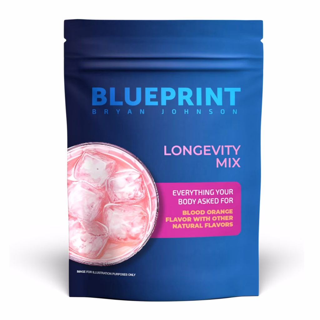 Blueprint by Bryan Johnson supplement stack pouch packaging showing longevity and anti-aging formula