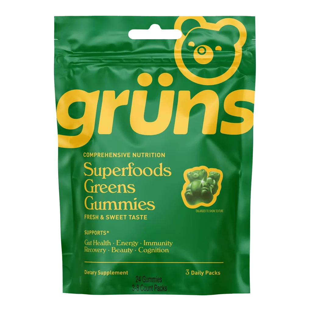 Grüns Superfoods Greens Gummies 3 daily packs packaging showing 24 gummies supporting gut health energy immunity recovery beauty and cognition