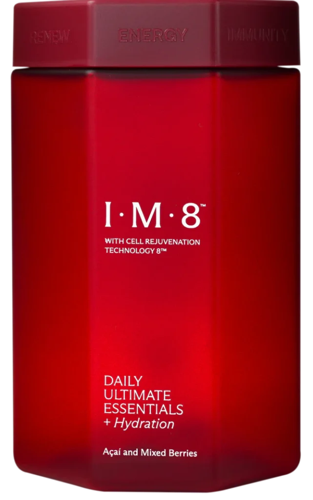 IM8 Daily Ultimate Essentials supplement jar in Acai and Mixed Berries flavour featuring Cell Rejuvenation Technology 8 for energy immunity and renewal