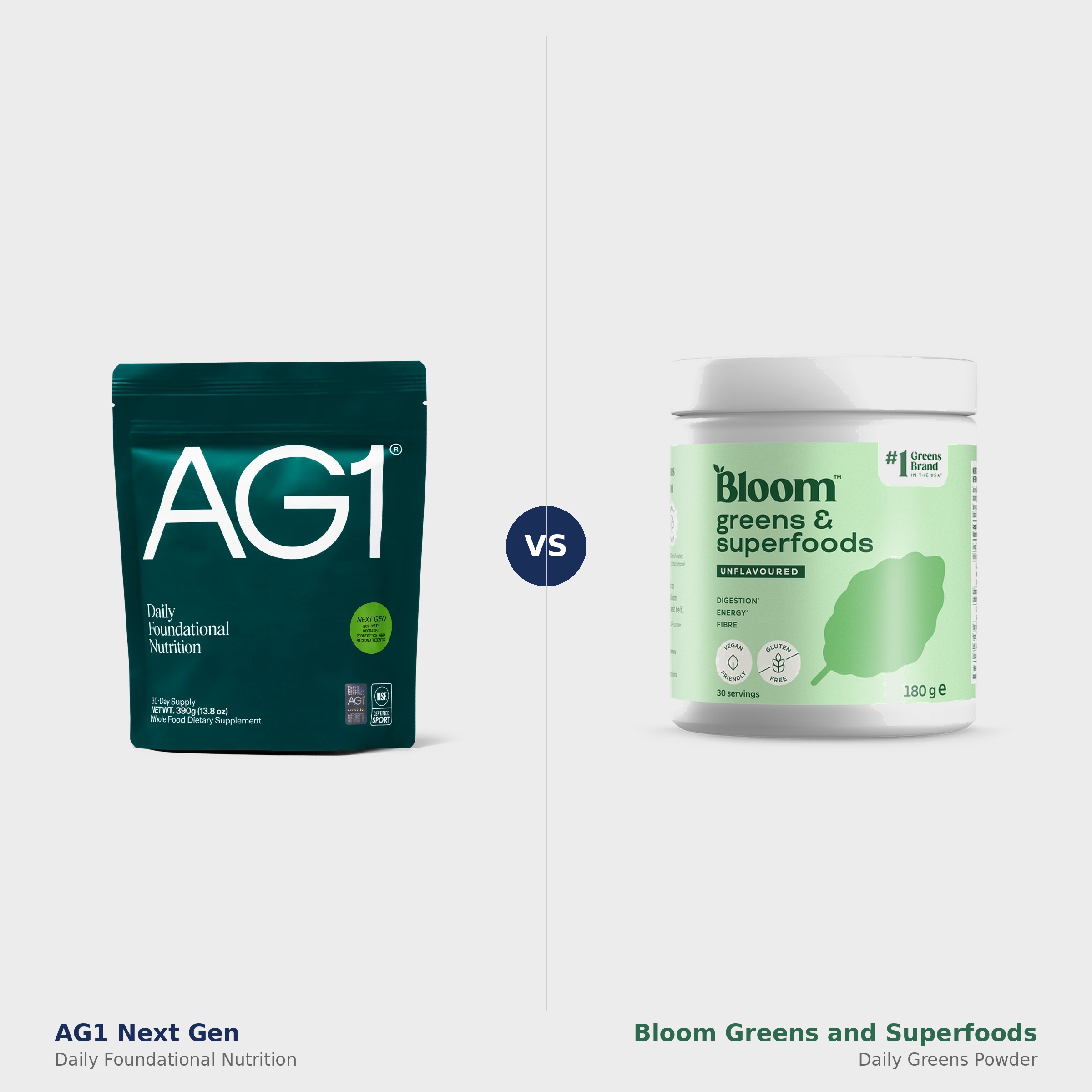 AG1 Next Gen Daily Foundational Nutrition pouch versus Bloom Greens and Superfoods jar side by side product comparison 2026